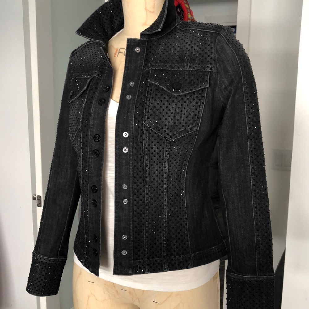 White House/ Black Market Black Novelty jJean Jacket with all over black stones